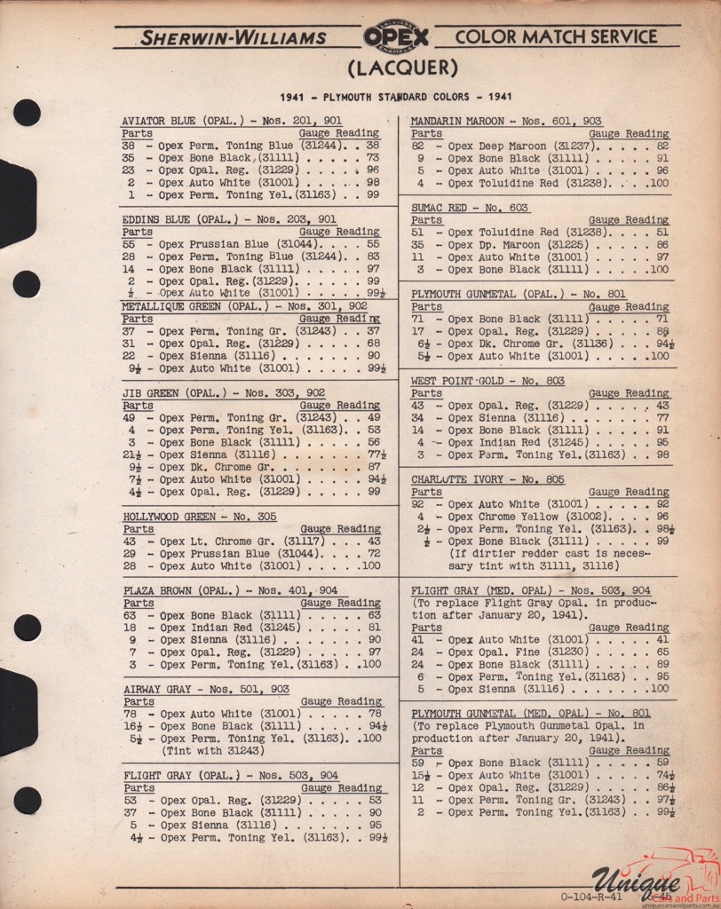 1941 Plymouth Paint Charts Williams 3